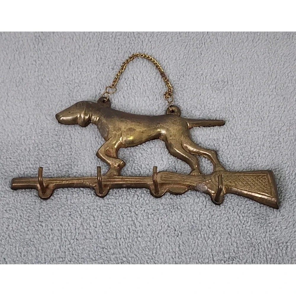 Vintage Solid Brass Dog Rifle Key Holder Vintage‎ Hunting Collectible